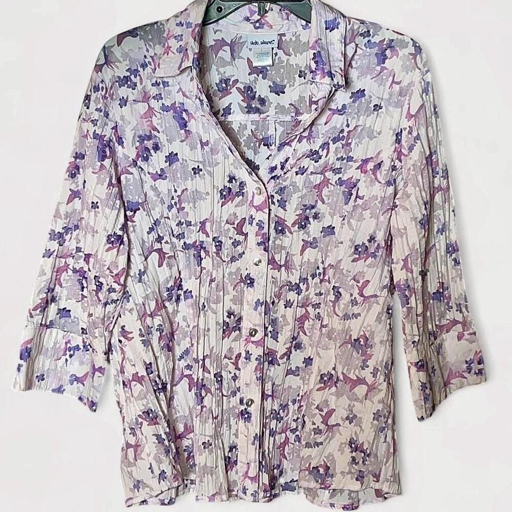 Vicki Wayne Vintage Purple Lavender Floral 3/4 Sleeve Button Blouse - Size L